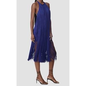 Herve Leger Paris Women's Purple Fringed Halter Midi Dress Size L